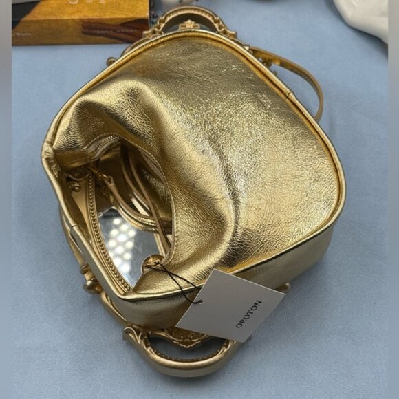 🆕 OROTON 🧿 NWT Clara Mini Convertible Crossbody Bag, Crinkle Gold Leather - Picture 13 of 15